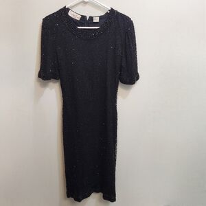Laurence Kazar Silk Beaded Black Midi Dress Size Small